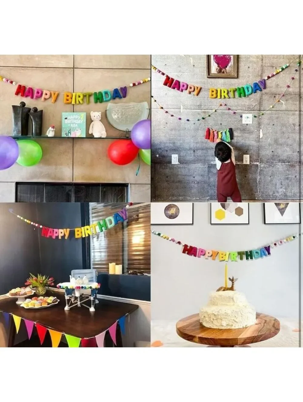 Colourful Handmade Wool Felt Happy Birthday Banner Garland with Adjustable Ties